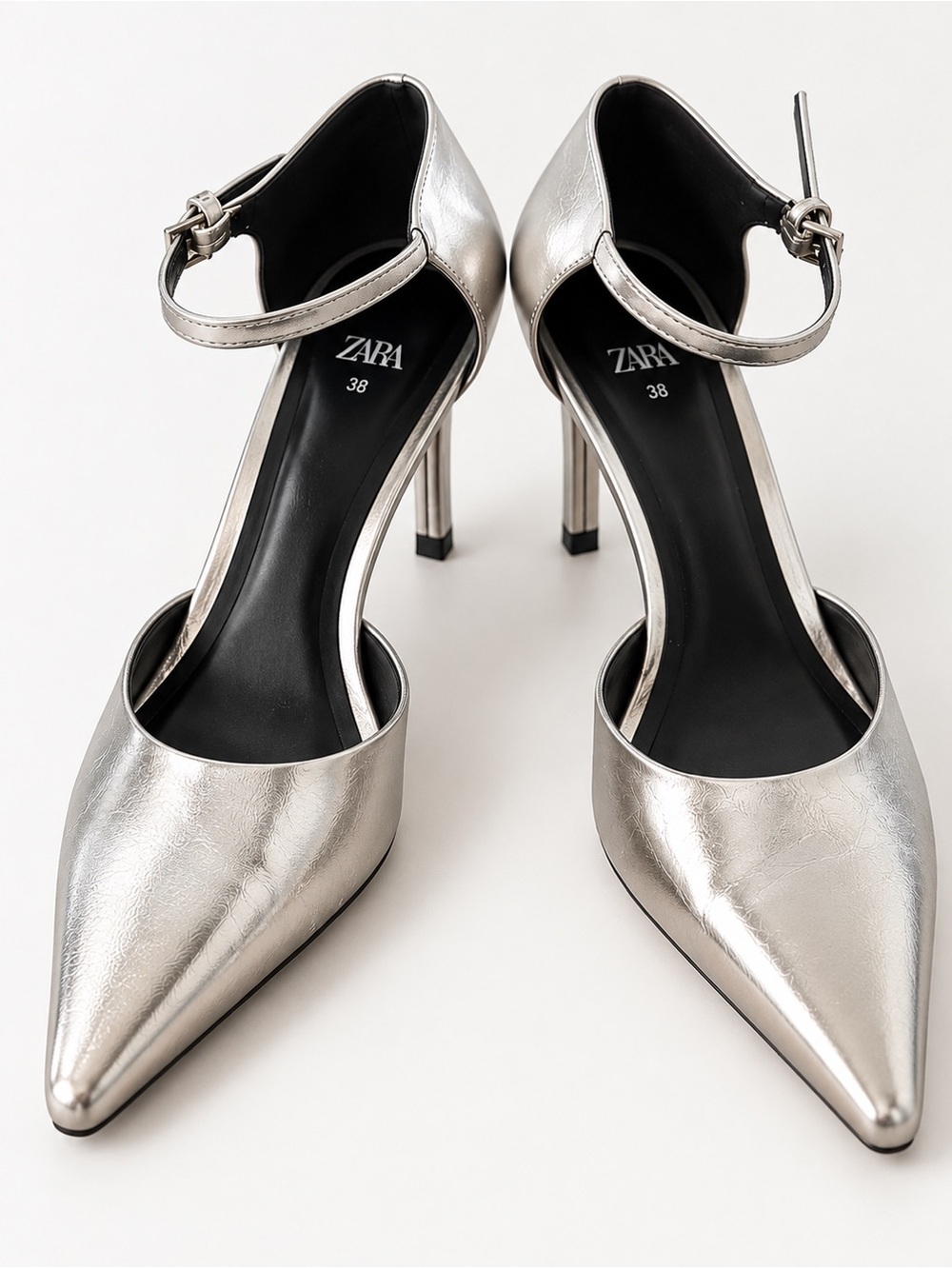 Zara Metallic Silver Pointed Toe Ankle Strap Pumps Women’s Sz 38 | US 8-8.5 EUC